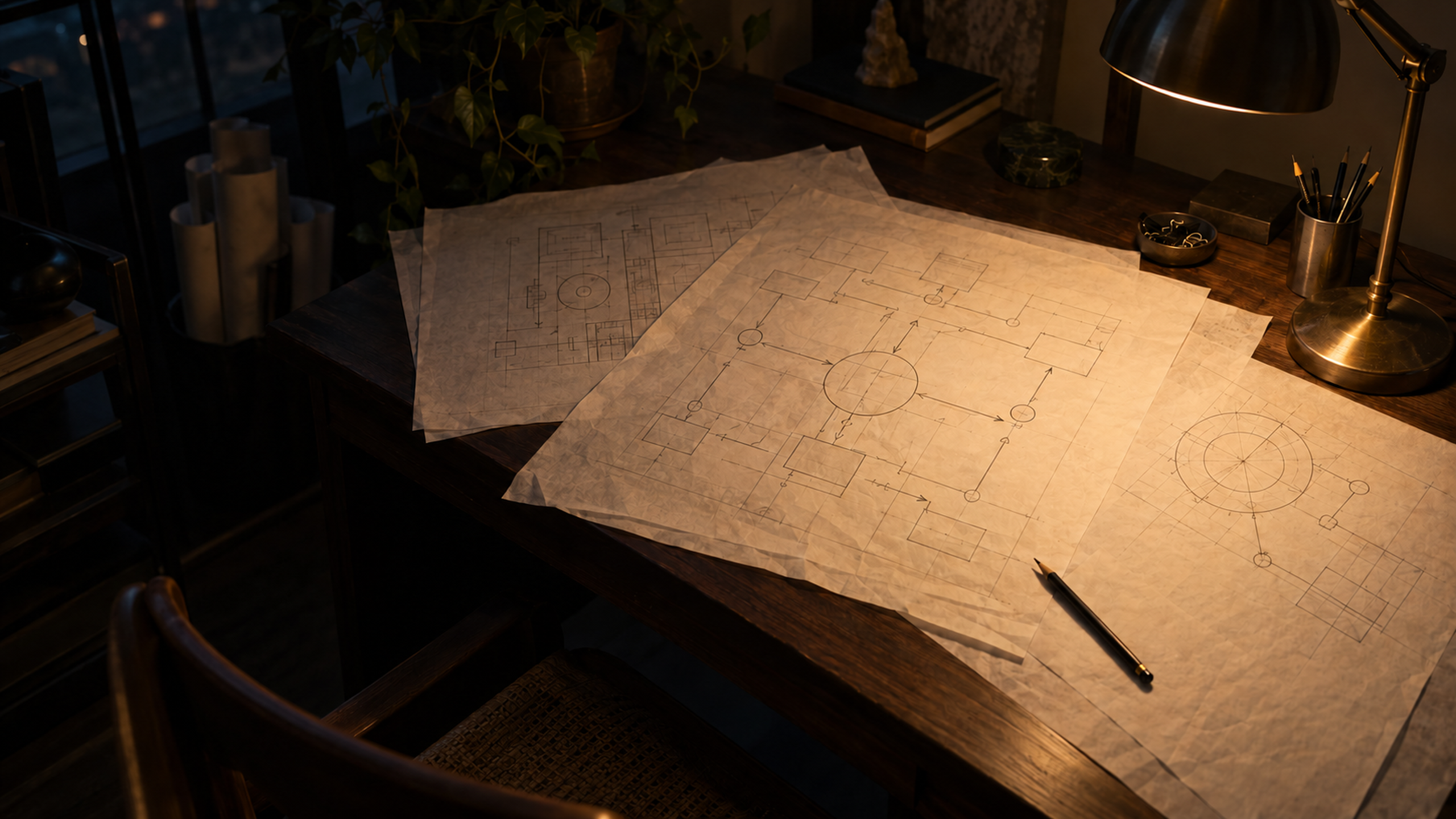 Architecture sketches spread across a desk under a lamp at night.