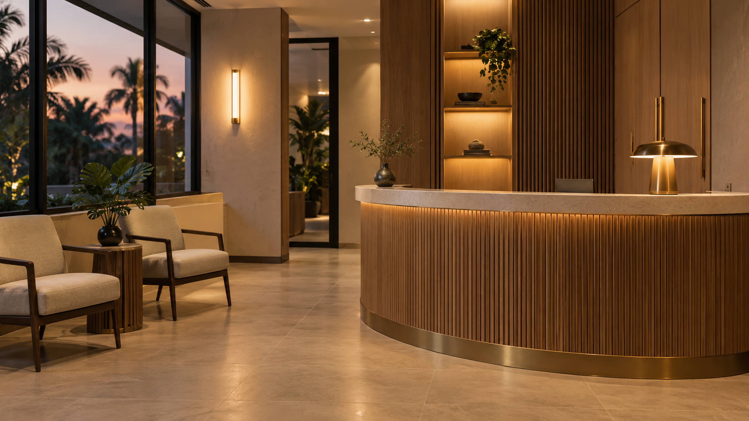 A quiet clinic reception at dusk, warm lamps still on.