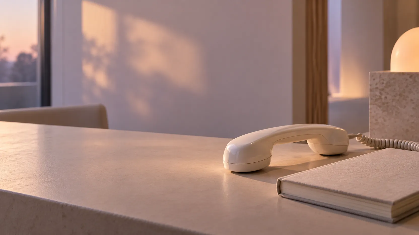 A clinic phone resting on a desk beside a closed notebook in soft dusk light.