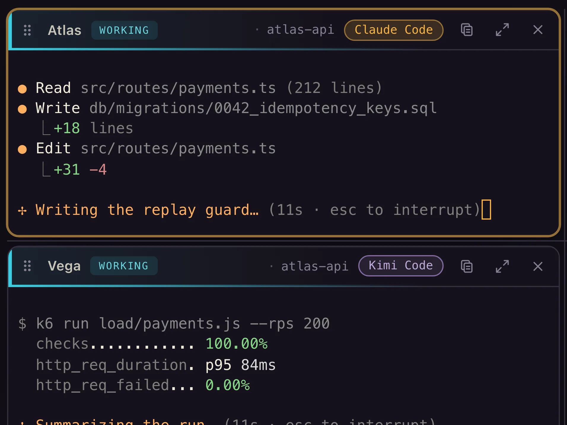 Helm pane headers: each agent pane shows its call-sign, a WORKING state and its engine, such as Atlas on Claude Code and Vega on Kimi Code.