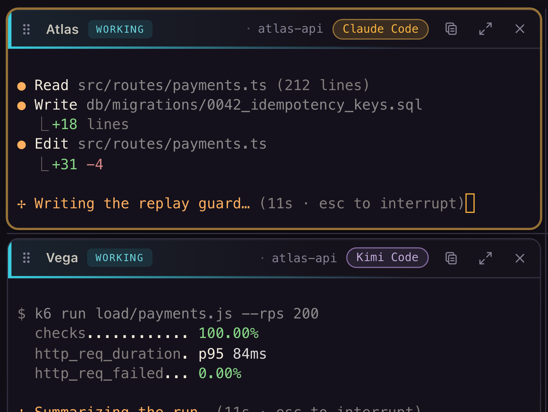 Close-up of two Helm pane headers: Atlas, WORKING, on Claude Code, and Vega, WORKING, on Kimi Code, each above its live output.