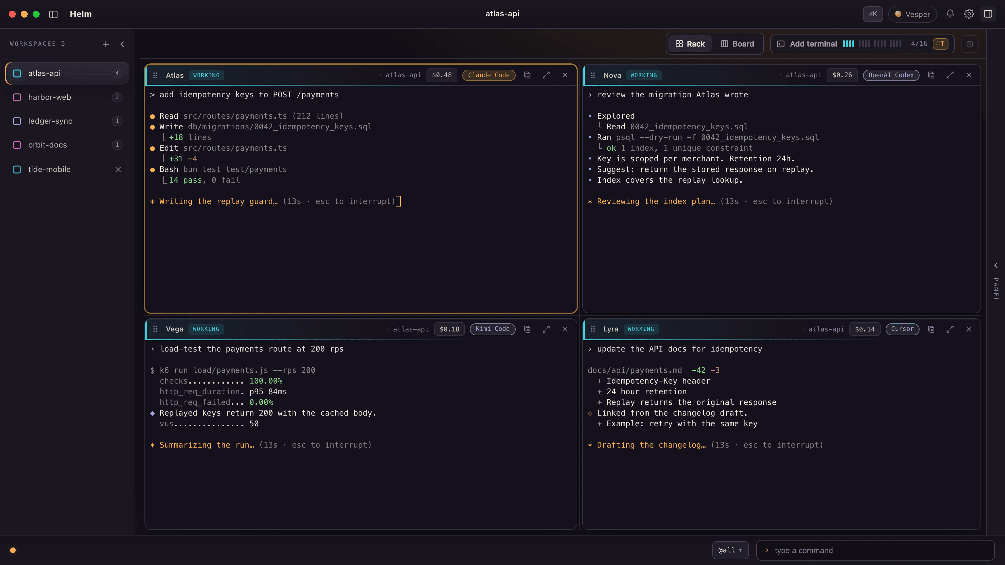 Helm on a dark desktop: a sidebar of five workspaces and a rack of four agent panes named Atlas, Nova, Vega and Lyra, each working on a fictional payments task.