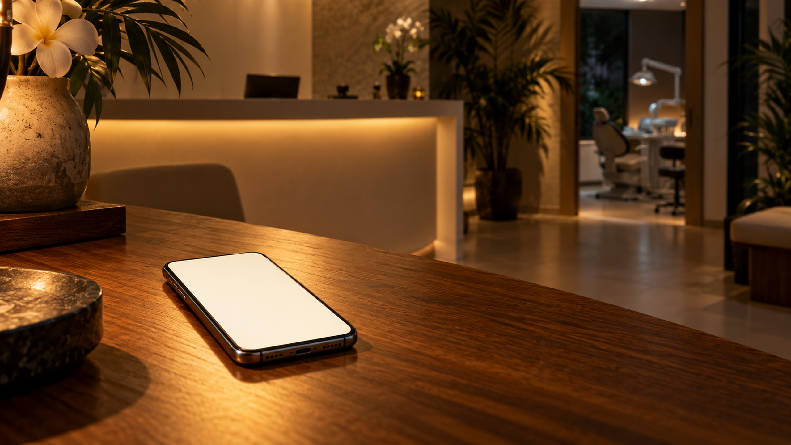 A phone glowing on a reception desk after closing time.